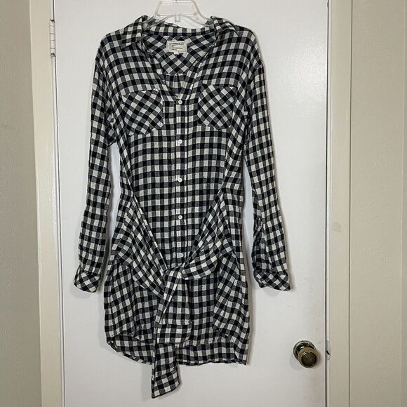 CURRENT/ELLIOTT black white plaid button down flannel tie waist dress size 2 MED - Picture 4 of 7